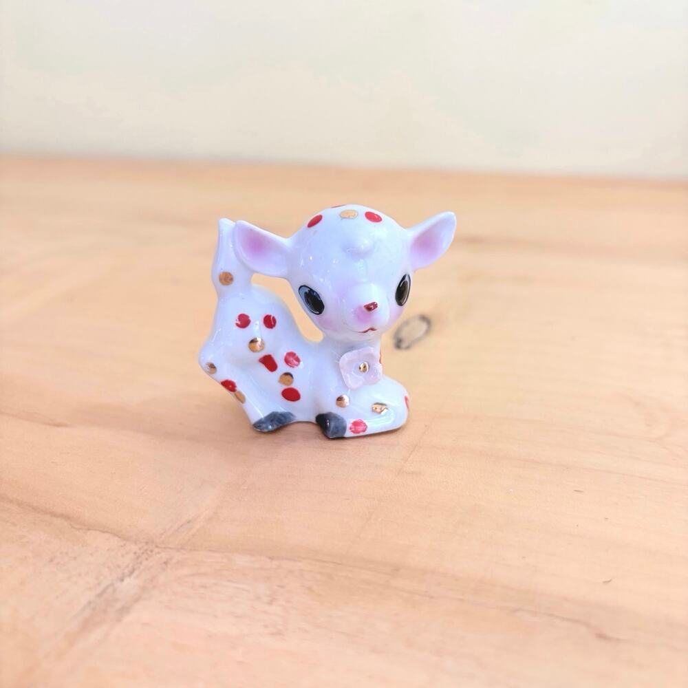 Vtg Kitsch Mid-Century Anthropomorphic Deer Fawn Figurine Mini Japan Polka Dot